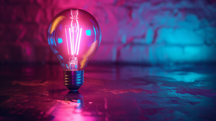 Shiny surface reflecting colorful neon glow from illuminated light bulb
