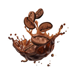 Roasted coffee beans in splashes of delicious coffee.