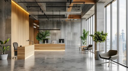 Modern wooden and concrete coworking office interior with empty mock up place on wall, window and city view, furniture and equipment.