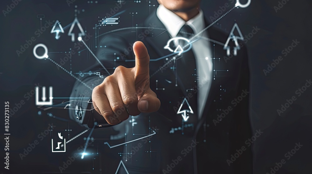 Wall mural a man in a suit is pointing at a computer screen with a lot of icons and arrows