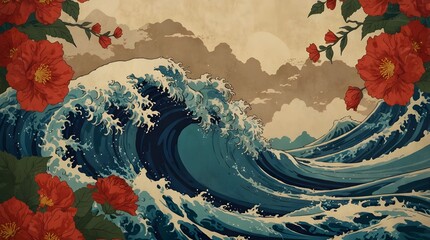 Japanese wave design framed by a camellia bloom. Japanese wave pattern in the background.