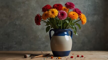 A vase filled with flowers and paintbrushes. Describe contemporary design.