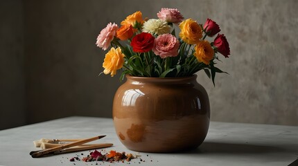 A vase filled with flowers and paintbrushes. Describe contemporary design.