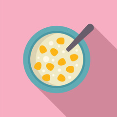 Flat design illustration of a bowl of cereal with milk, a spoon, and a pastel background