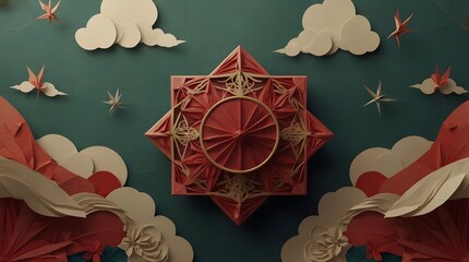 Japanese motif and emblem in an animated modern style. Background of an oriental wedding invitation. geometric design and origami folding combined in an abstract template.