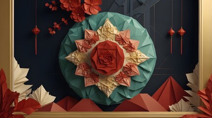 Japanese motif and emblem in an animated modern style. Background of an oriental wedding invitation. geometric design and origami folding combined in an abstract template.