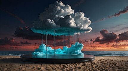 a lovely podium backdrop featuring neon lights and a gorgeous cloud. A lovely scene of a seashore in 3D.