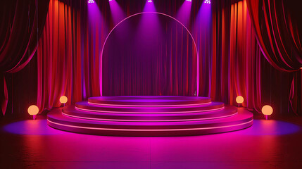 3D rendering of an empty stage with red curtains and bright spotlights.