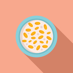 Top view of a bowl with cereal and milk casting a soft shadow on a vibrant pink surface