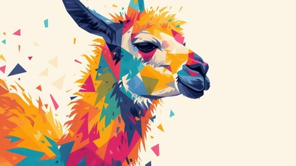 Capture the vibrant essence of a llama in a captivating geometric flat style portrait showcasing the majestic creature with its head facing forward like an alpaca This isolated design is pe