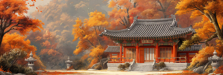 Korean house isolated in a forest on an autumn afternoon
