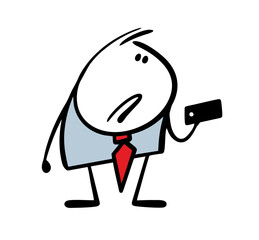 Businessman in business suit is unhappy with latest model smartphone. Vector illustration there is no connection and Wi-Fi.  Cartoon stickman is talking on the phone. Isolated boy on white background.