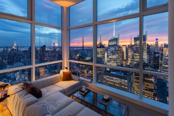 Fototapeta premium A bright and spacious penthouse with panoramic windows overlooking a bustling cityscape at dusk.
