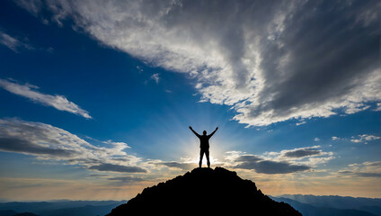 A lone person stands on top of a big mountain with hands towards the sky as to celebrate their achievement