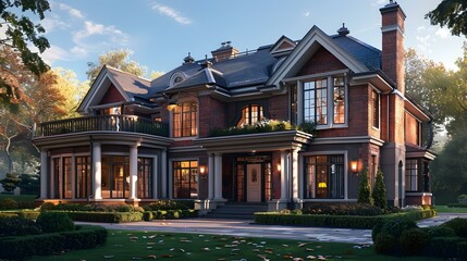Luxury Brick Home with Large Windows and a Grand Entrance