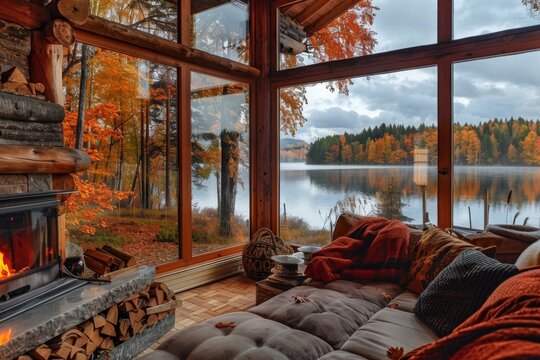A cozy wooden cottage with a fireplace and large windows offering views of a serene lake and forest in autumn colors.