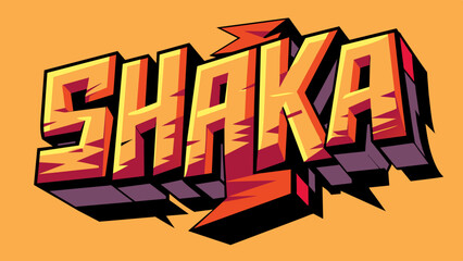 A bold and striking "Shaka" text design in a retro comic style with vibrant colors and a 3D effect. Ideal for surf culture, branding, posters, merchandise, and creative projects.