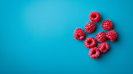  A cluster of raspberries atop a blue background One raspberry centrally located, surrounded by...