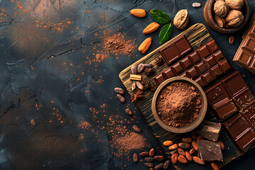 bar of chocolate, cocoa beans and powder on dark background, confectionery concept, sweet lover...
