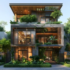 The modern design of a two-story house with a garden on the second floor