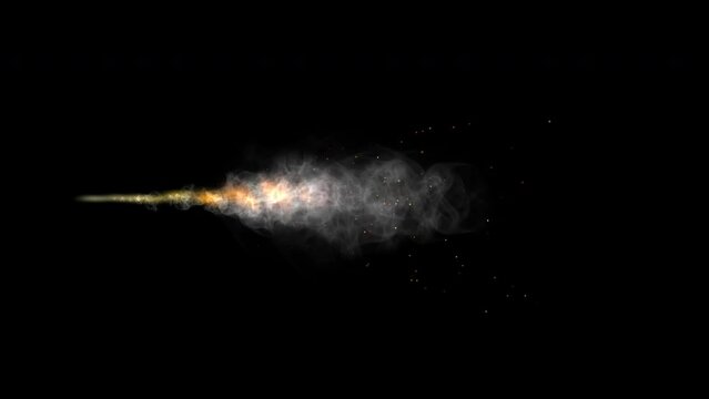 Fiery and smoky jet or rocket exhaust with particle sparks, 4K WITH ALPHA CHANNEL for transparent background