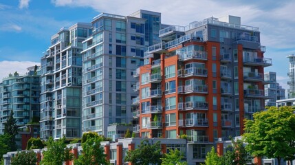 A large apartment building with a green courtyard and a view of the mountains