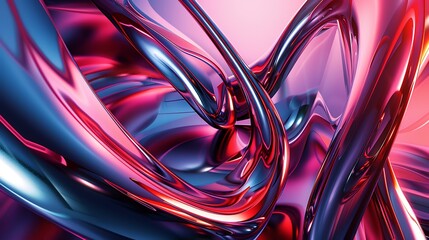 3D rendering of intertwined glossy tubes with bright red and blue neon lights reflecting off the surface.