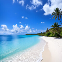 Fototapeta premium A tranquil tropical beach scene with palm trees, white sand beaches, and crystal clear turquoise water shining on the sky