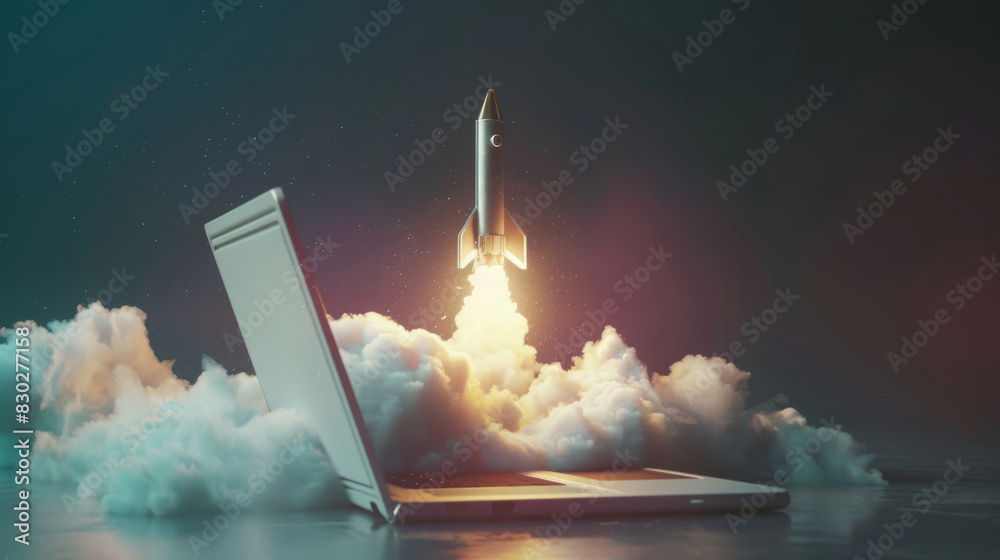 Poster illustration of a rocket launching into space from an open laptop screen
