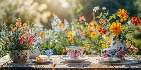 A magical tea party in an enchanted garden with colourful tea cups and pastries: A scene straight out of a fairy tale.