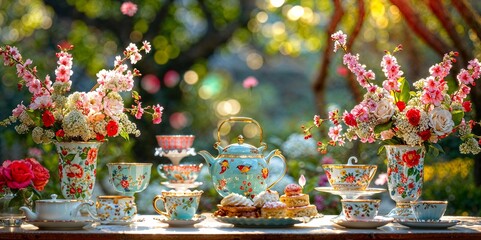 A magical tea party in an enchanted garden with colourful tea cups and pastries: A scene straight out of a fairy tale.