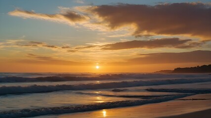 Fototapeta premium Gilded Tranquility: A Sunset's Serene Embrace, Coastal Radiance: Capturing Golden Hour by the Waves, Sunset Symphony: Nature's Canvas Unfolds on the Shoreline, Oceanic Elegance: Sunset's Golden Glow O