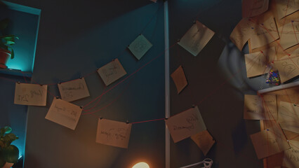 Posted notes and threads. Stock footage. Interior of detective with notes and thread. Notes hung on...