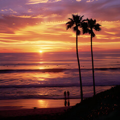 Enchanting Sunset at Tranquil Beach with Silhouetted Palm Trees and Couple Strolling Along Shoreline