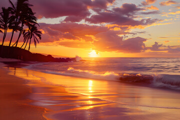 Enchanting Sunset at Tranquil Beach with Silhouetted Palm Trees and Couple Strolling Along Shoreline