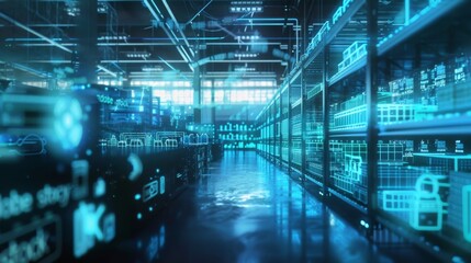 High-Tech Warehouse with Digital Data Overlay, Generative AI