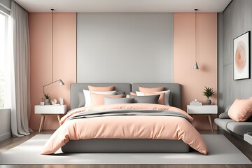 Bedroom in Pastel Tone Peach Fuzz Color Trend 2024 with Gray Wall for Art, Modern Premium Cozy Room Interior Home or Hotel Design with Apricot Crush Stylish Accents - 3D Render