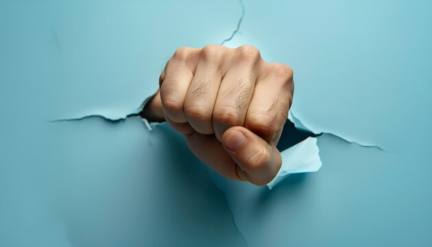 Man breaking through light blue paper with fist, closeup. Space for text