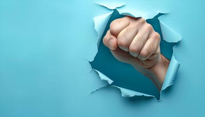 Man breaking through light blue paper with fist, closeup. Space for text