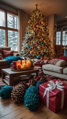 Lavishly decorated christmas tree stands as centerpiece in cozy room, casting warm glow amidst festive ornaments. Room adorned with holiday decor, including cluster of candles on coffee table.