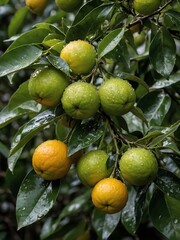 Cluster of lemons, both ripe, unripe, hangs from tree. These lemons glisten with water droplets, suggesting recent rain, dew. Amidst vibrant green leaves.