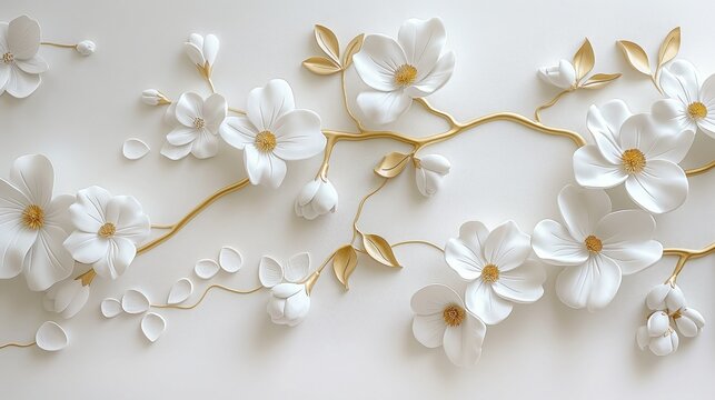 White flowers with golden leaves on white background. White and golden luxury 3d floral background