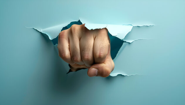 Man breaking through light blue paper with fist, closeup. Space for text