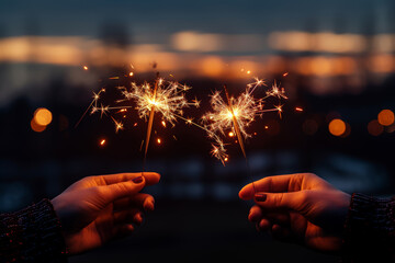 A pair of hands holding sparklers in the dark. Concept of Independence Day and patriotic festivities. Generative Ai. - Powered by Adobe