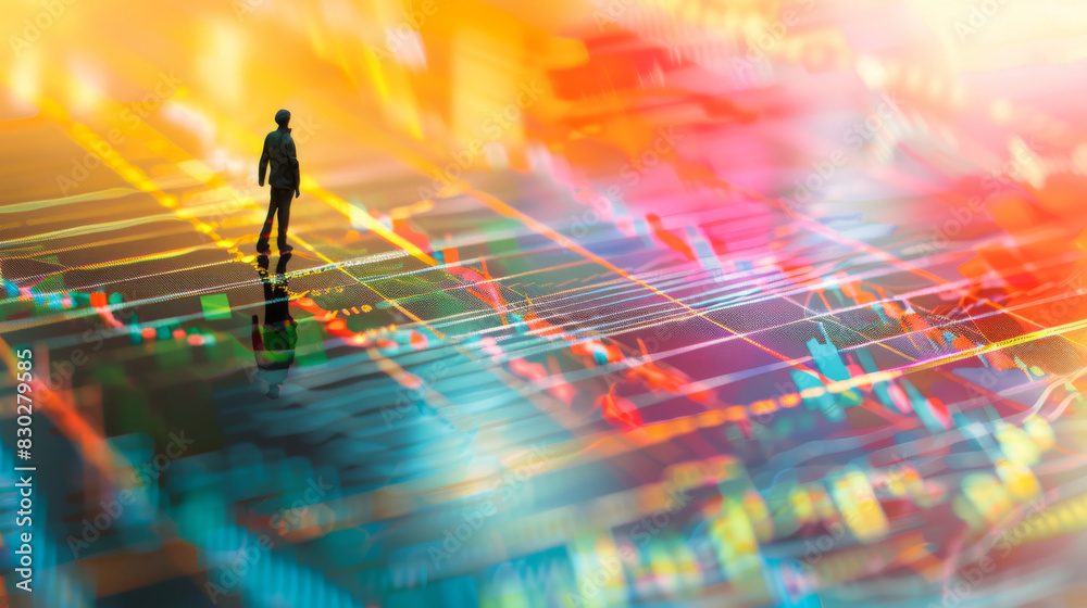Poster Businessman balancing on tightrope over dynamic financial charts: a conceptual image