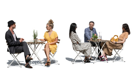 Outdoor restaurant with young trendy people siting and relaxing isolated on white background