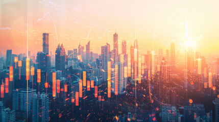 Abstract skyline with digital finance graph, symbolizing economic growth