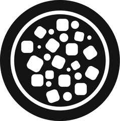 Graphic illustration of a car wheel with a tire rim and lug nuts in a bold black and white contrast