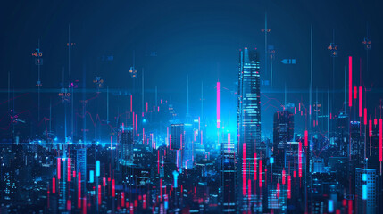 Vibrant city skyline at night with overlaying digital stock market graphs illustrating economic growth