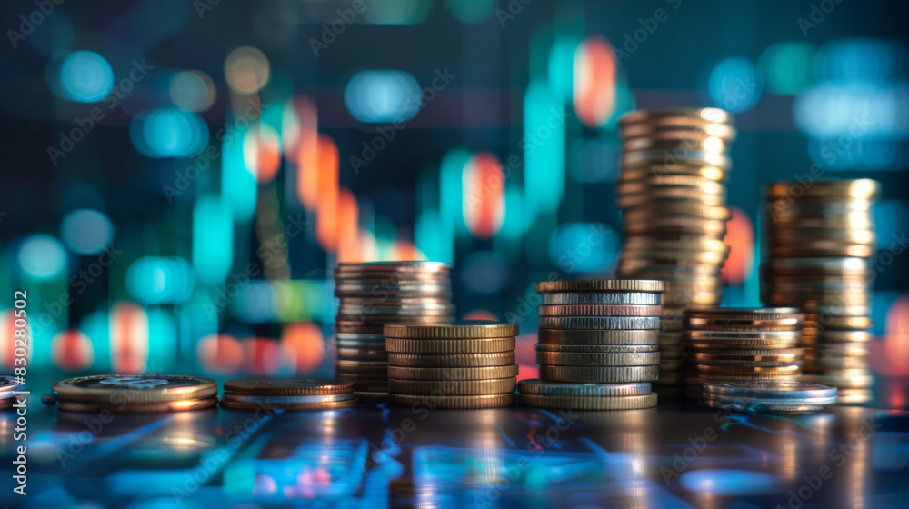 Poster Close-up of increasing coin stacks with glowing stock market graph backdrop